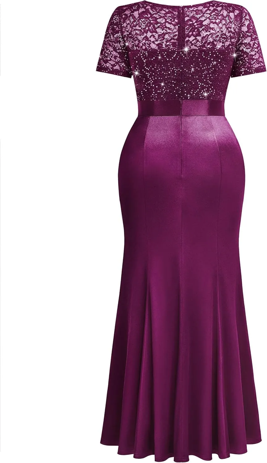 Miusol Women's Plus Size Lace Contrasted Satin Ruffled Trim Mermaid Hem Sequin Maxi Evening Dress