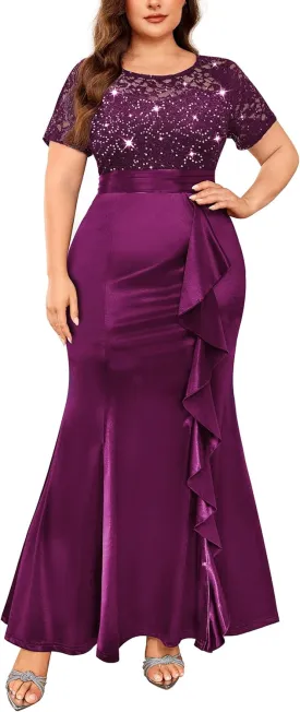 Miusol Women's Plus Size Lace Contrasted Satin Ruffled Trim Mermaid Hem Sequin Maxi Evening Dress
