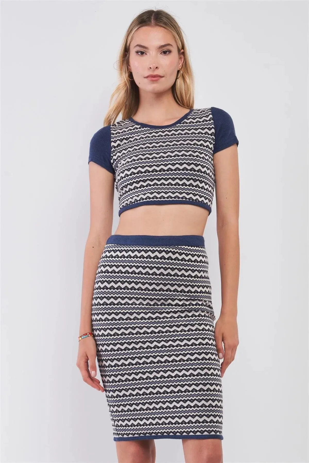 Navy & White Geometrical Pattern Short Sleeve Crop Top & High-Waisted Pencil Skirt Two Piece Set /1-2-2-1