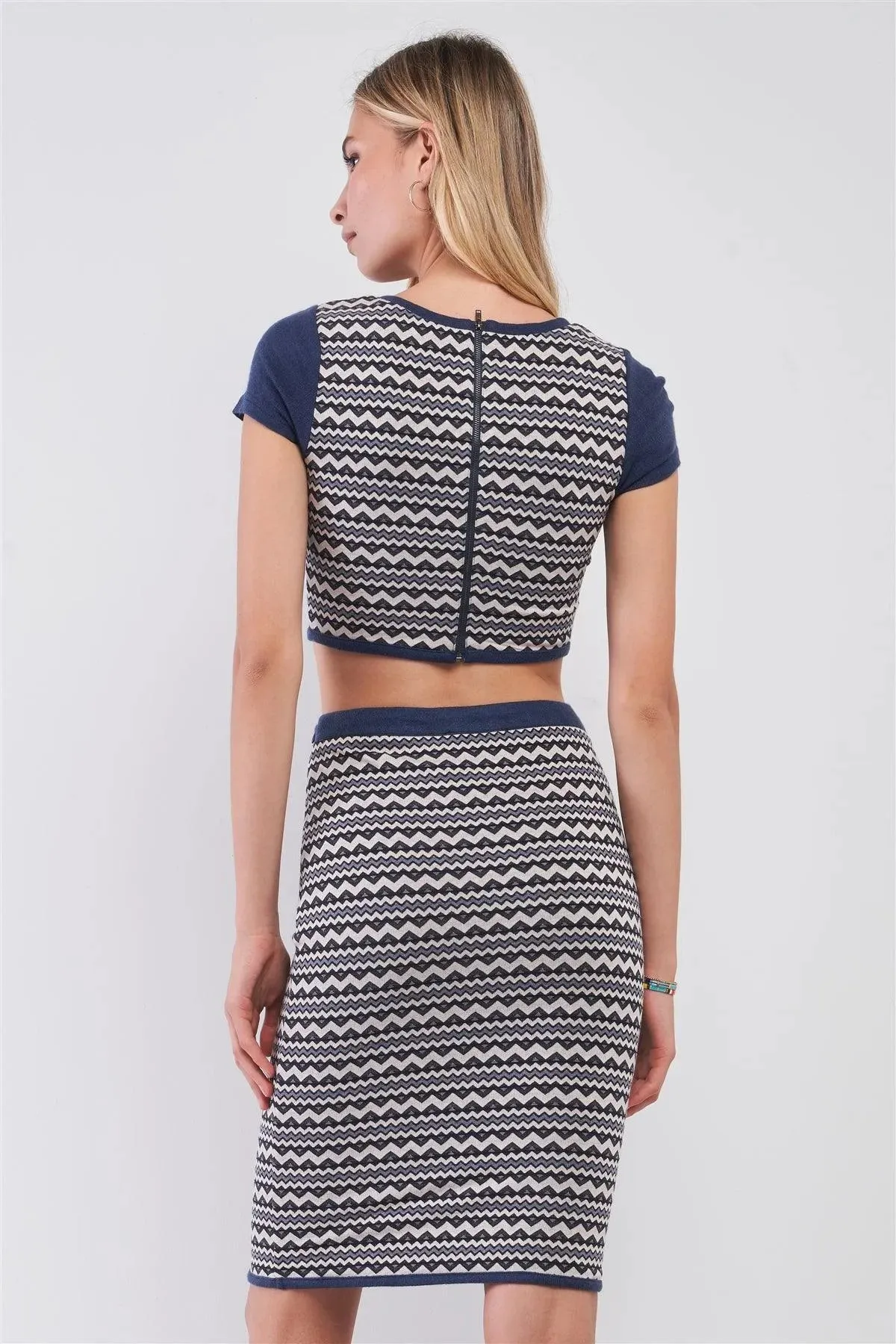 Navy & White Geometrical Pattern Short Sleeve Crop Top & High-Waisted Pencil Skirt Two Piece Set /1-2-2-1