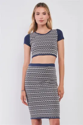 Navy & White Geometrical Pattern Short Sleeve Crop Top & High-Waisted Pencil Skirt Two Piece Set /1-2-2-1