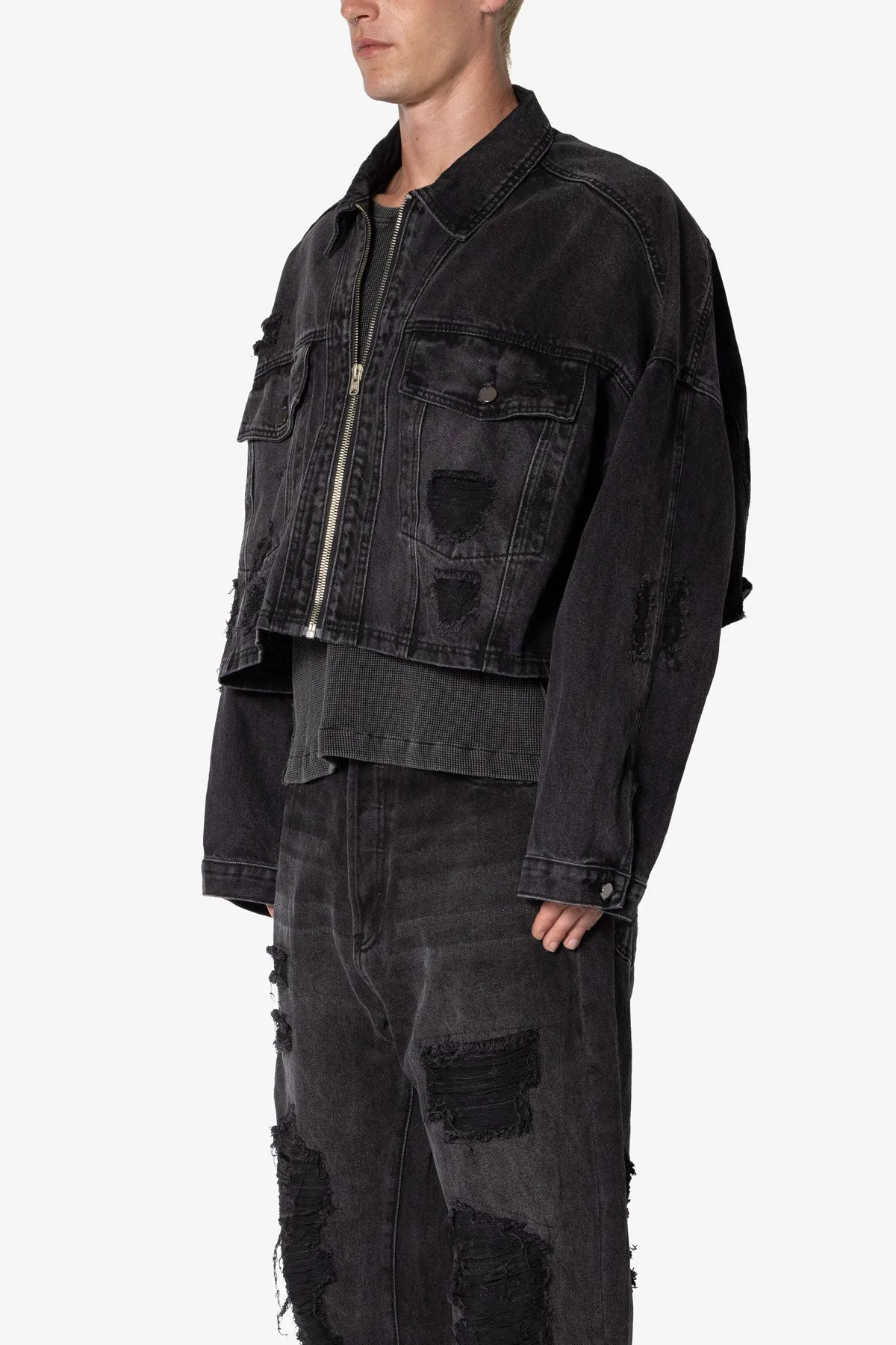 Oversized Cropped Ripped Denim Jacket - Washed Black