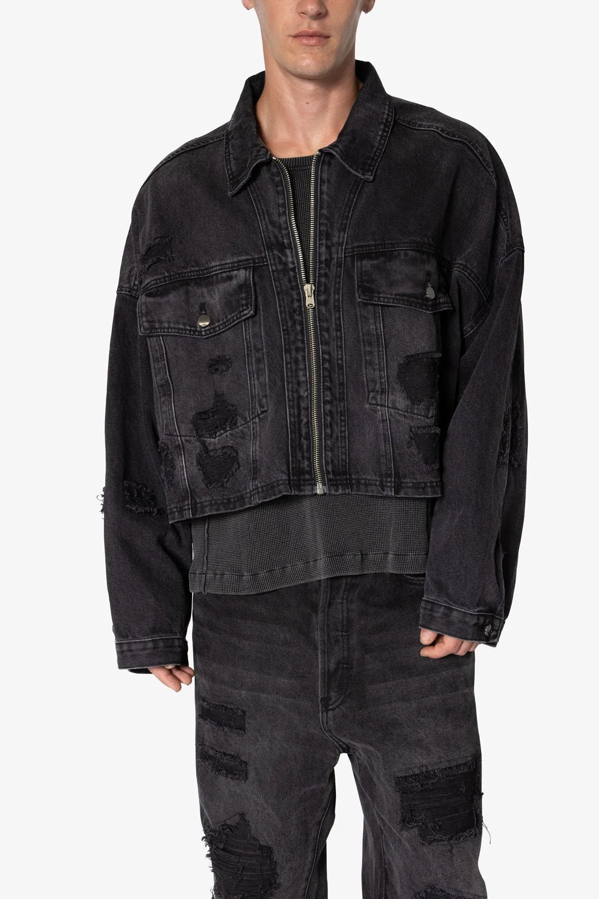 Oversized Cropped Ripped Denim Jacket - Washed Black