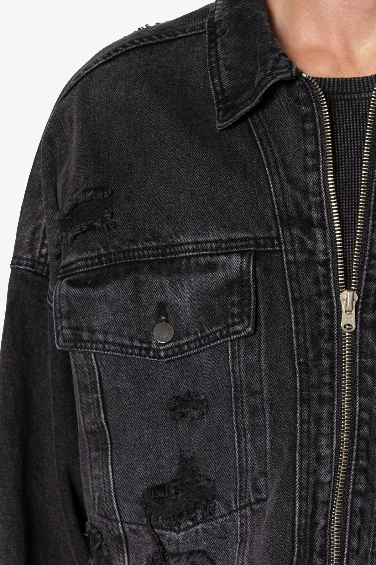 Oversized Cropped Ripped Denim Jacket - Washed Black