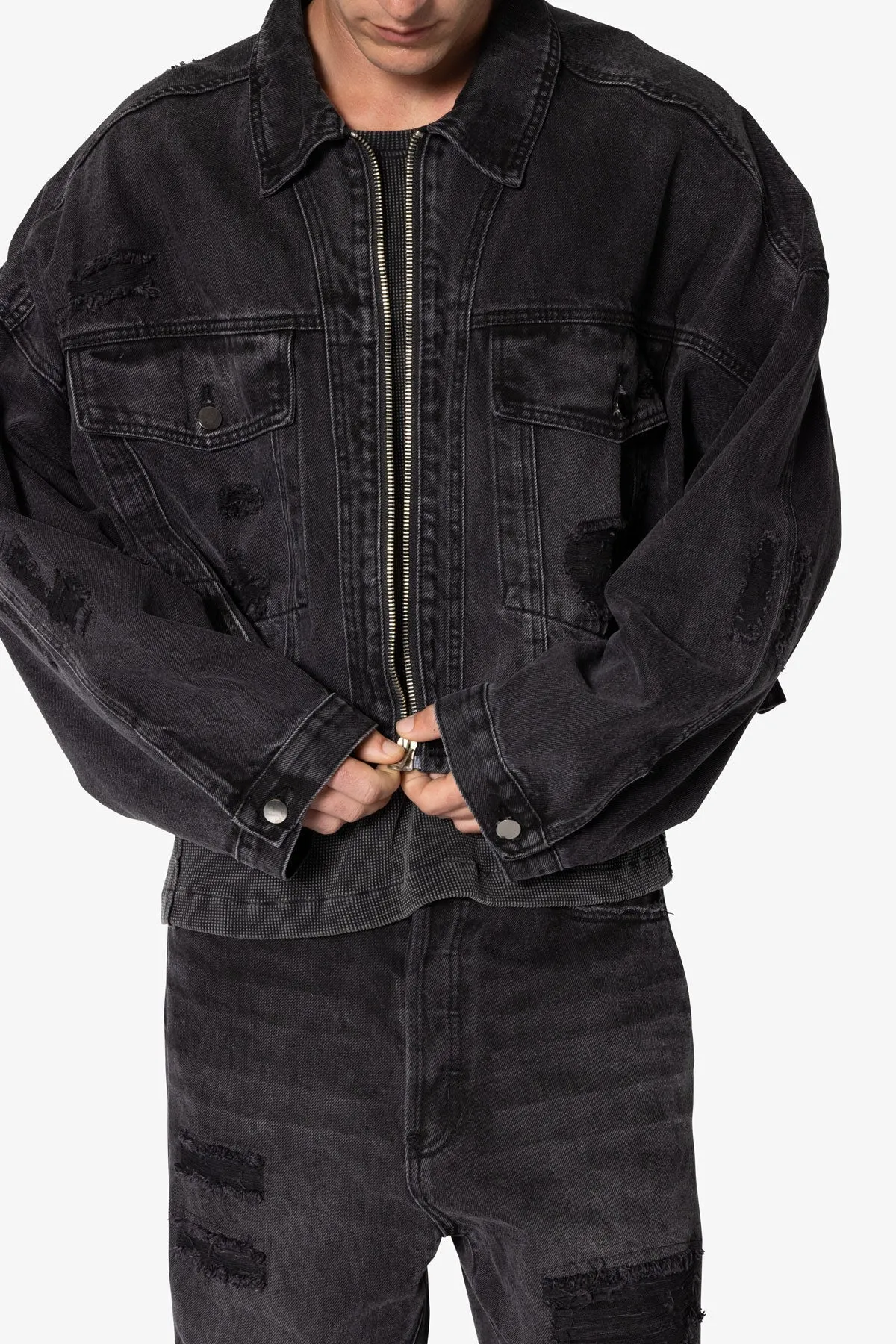 Oversized Cropped Ripped Denim Jacket - Washed Black