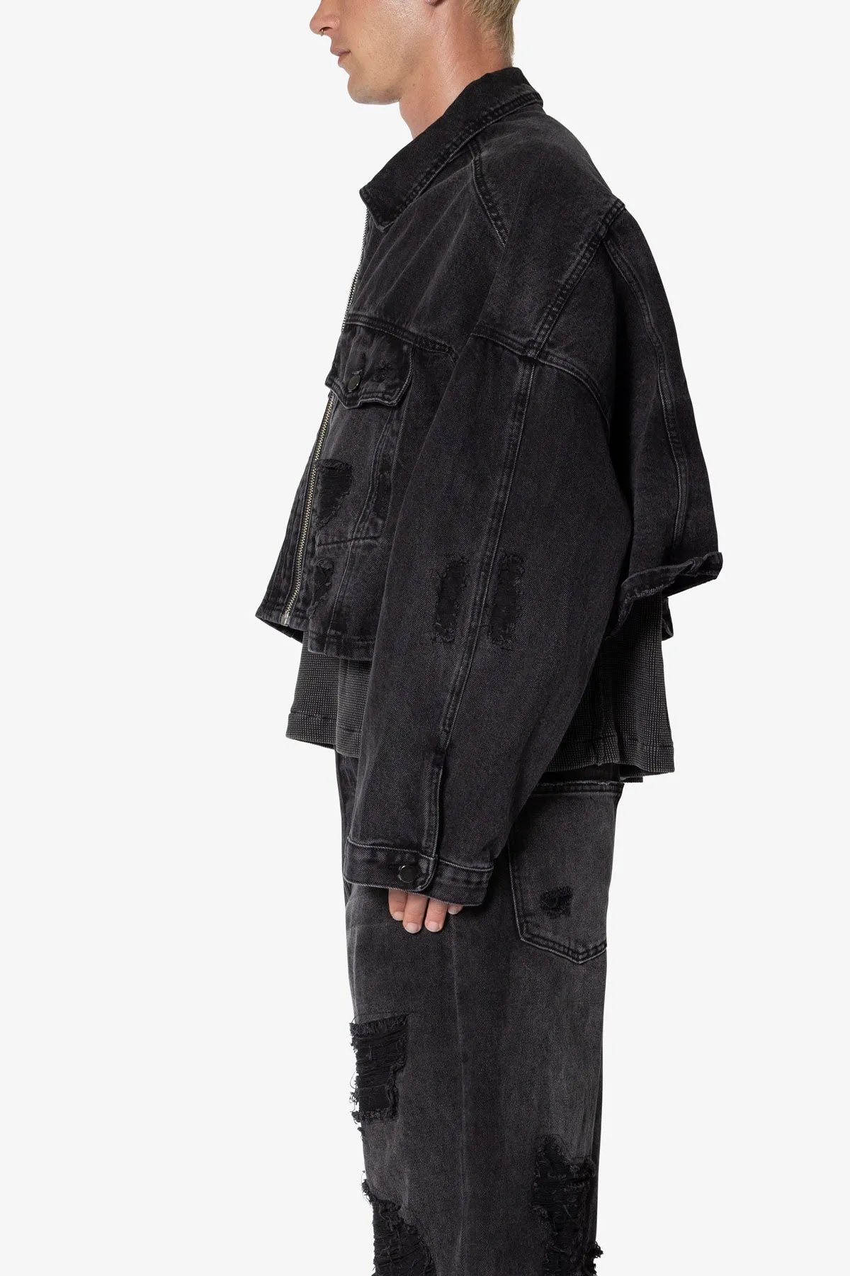 Oversized Cropped Ripped Denim Jacket - Washed Black