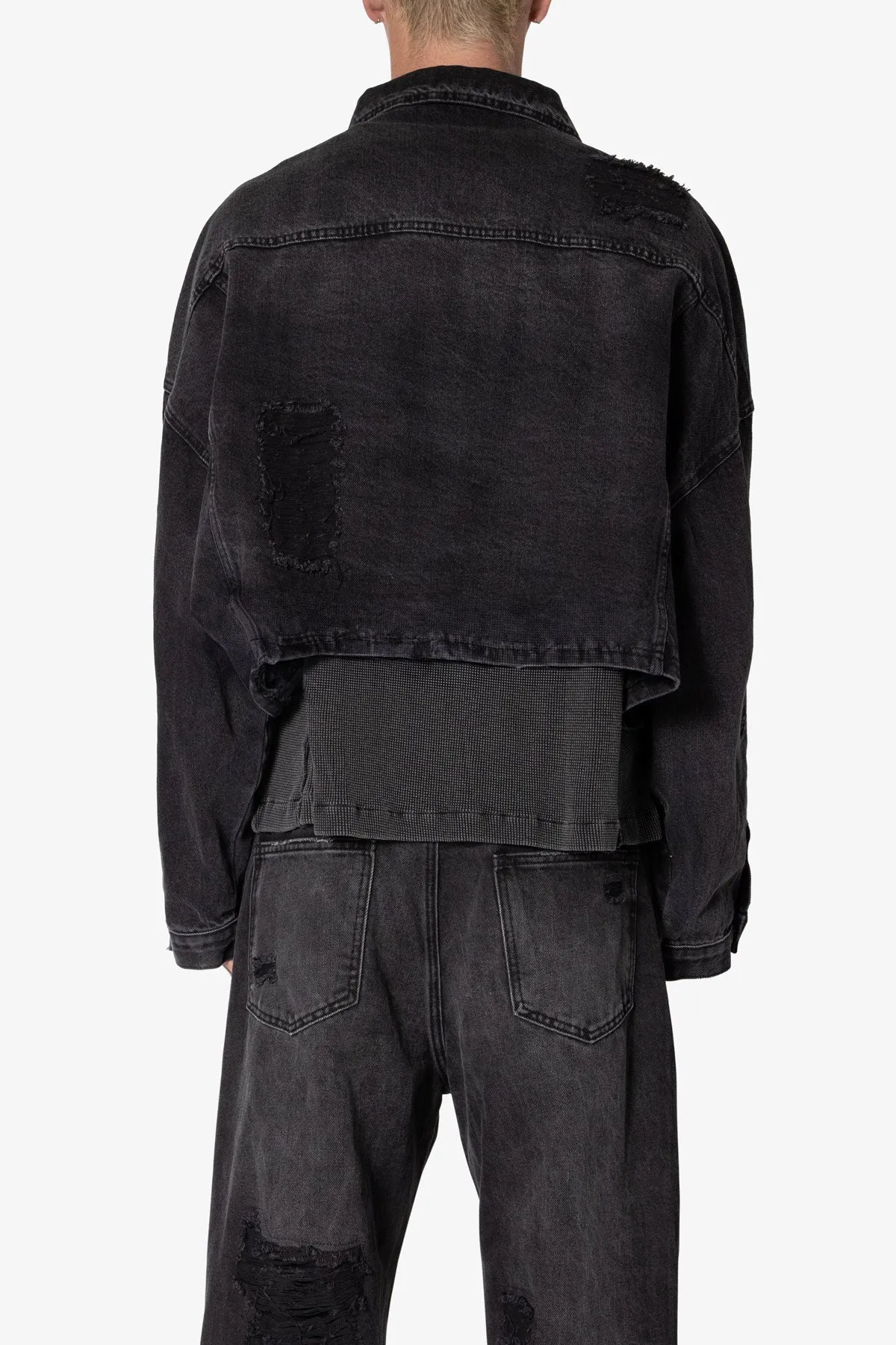 Oversized Cropped Ripped Denim Jacket - Washed Black