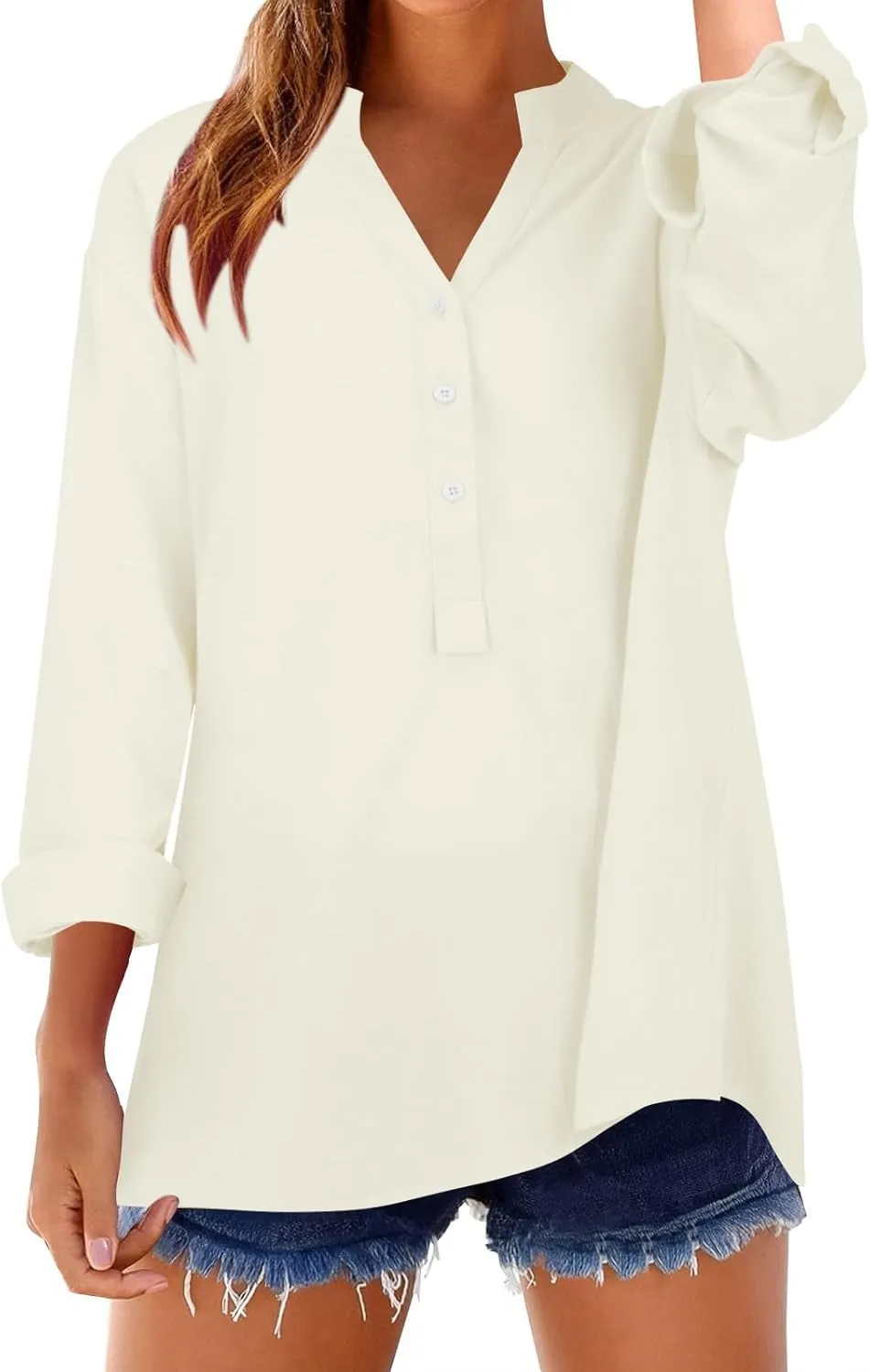 Plus Size Linen Tops for Women V Neck Long Sleeve Button Down Shirts Office Work Blouse Summer Beach Vacation Tunics