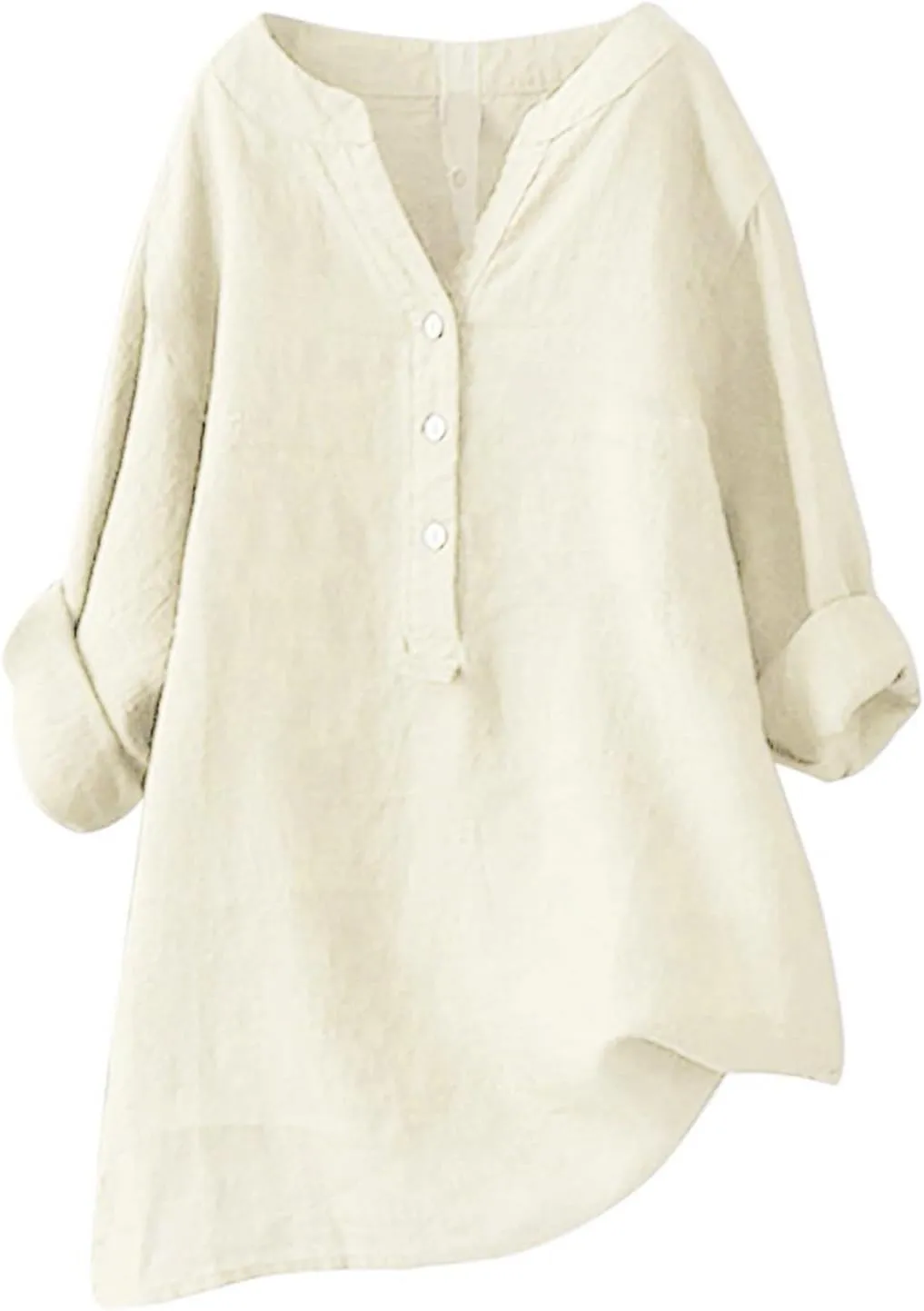 Plus Size Linen Tops for Women V Neck Long Sleeve Button Down Shirts Office Work Blouse Summer Beach Vacation Tunics