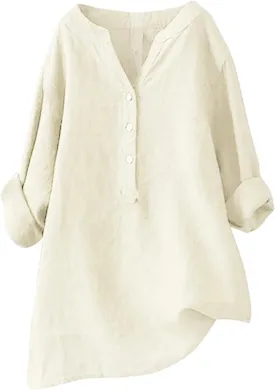 Plus Size Linen Tops for Women V Neck Long Sleeve Button Down Shirts Office Work Blouse Summer Beach Vacation Tunics