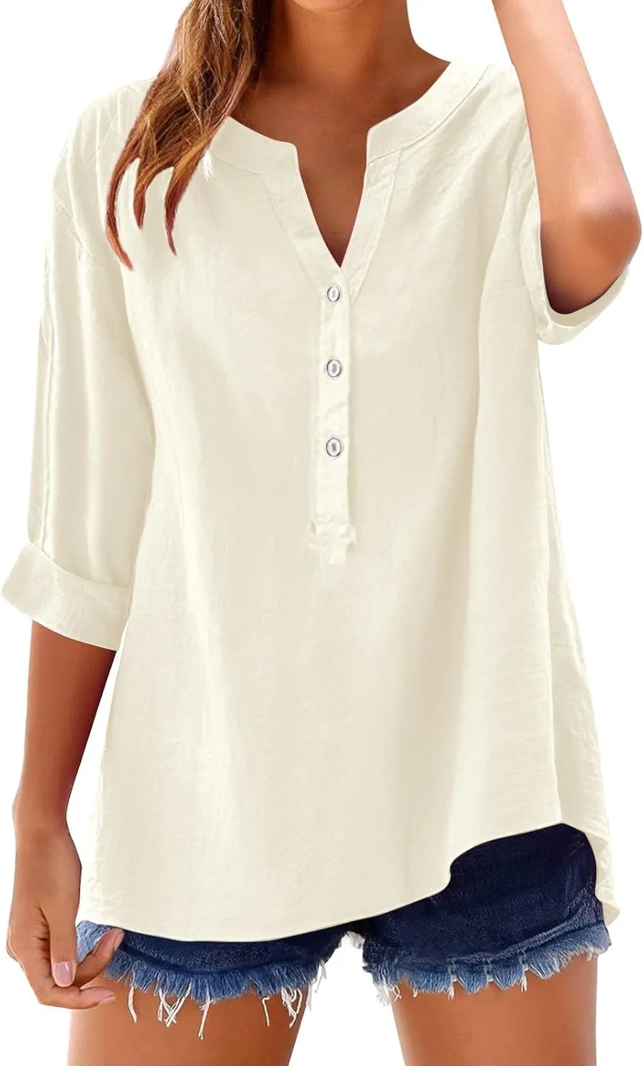 Plus Size Linen Tops for Women V Neck Long Sleeve Button Down Shirts Office Work Blouse Summer Beach Vacation Tunics