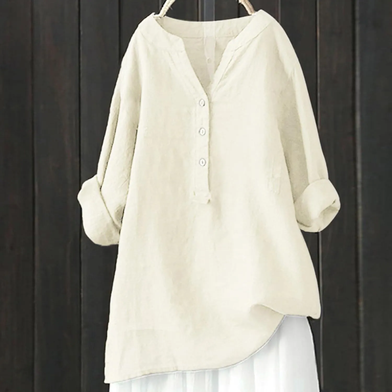 Plus Size Linen Tops for Women V Neck Long Sleeve Button Down Shirts Office Work Blouse Summer Beach Vacation Tunics