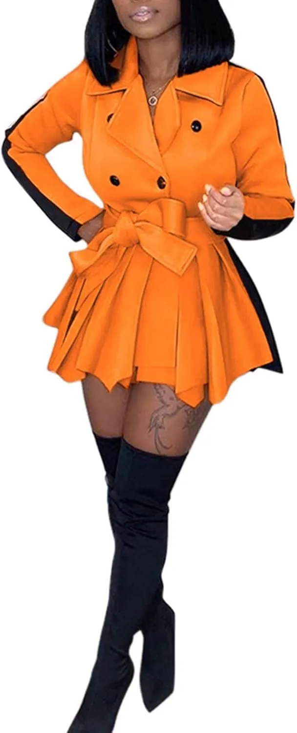RAMOUG Two Tone Lapel V Neck Double Breasted Peplum Jacket Sexy Belted Blazer Mini Dress