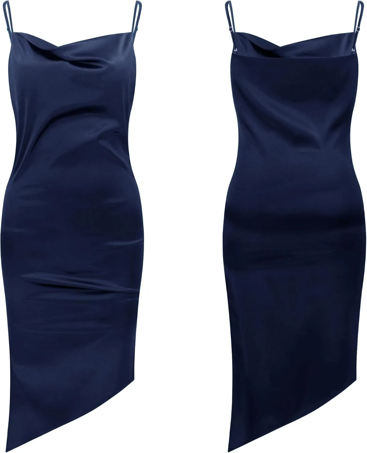 R.Vivimos Women's Satin Dress Spaghetti Straps Side Slit Cowl Neck Irregular Hem Midi Dress