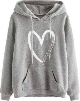 SweatyRocks Women's Casual Heart Print Long Sleeve Pullover Hoodie Sweatshirt Tops