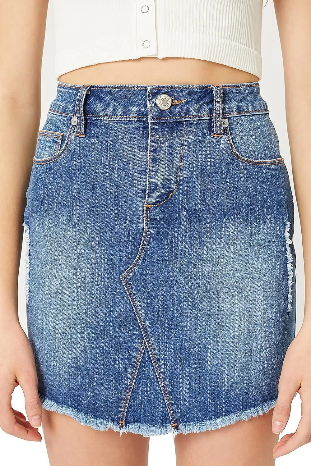 theSimple Women's Casual Denim Short Jean Skirt - Distressed Frayed Hem Pencil Mini Skirt Lt7072sn Blue L
