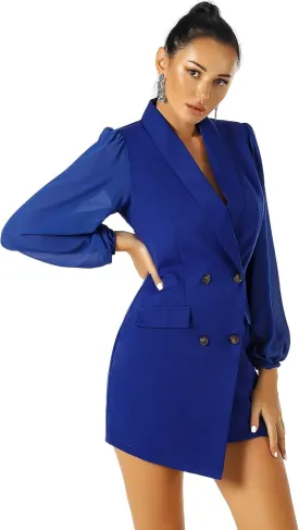 UNIQUE 21 Women Asymmetric Blazer Dress - Ladies Elegant Collar Mesh Long Sleeve Blazer Dresses