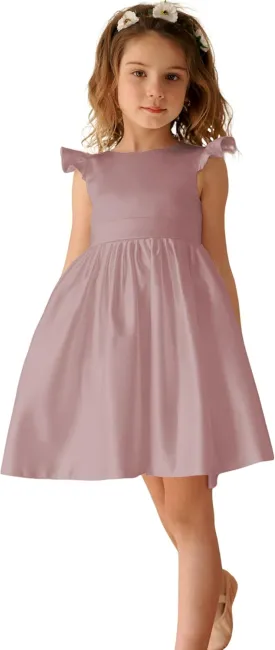 V-Back Satin Flower Girl Dress Girls Pretty Pageant for Wedding Guest First Communion Gown with Bowknot