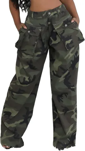 Vakkest Women's Camo Cargo Pants High Waist Slim Fit Trousers Camouflage Active Jogger Pocket Sweatpants with Belt