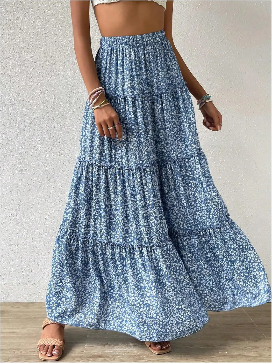 Verdusa Women's Boho Floral Tiered Maxi Skirts A Line High Rise Flowy Skirt