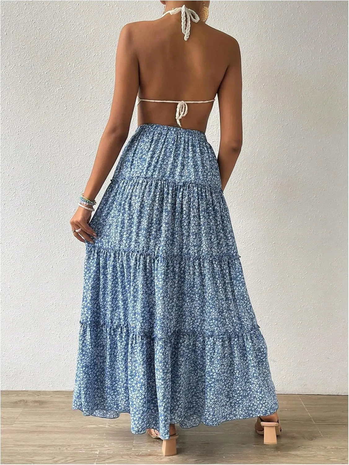 Verdusa Women's Boho Floral Tiered Maxi Skirts A Line High Rise Flowy Skirt