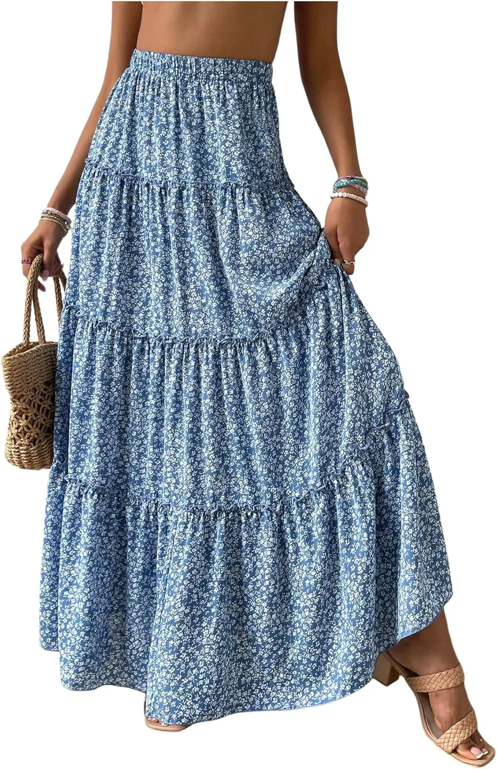 Verdusa Women's Boho Floral Tiered Maxi Skirts A Line High Rise Flowy Skirt