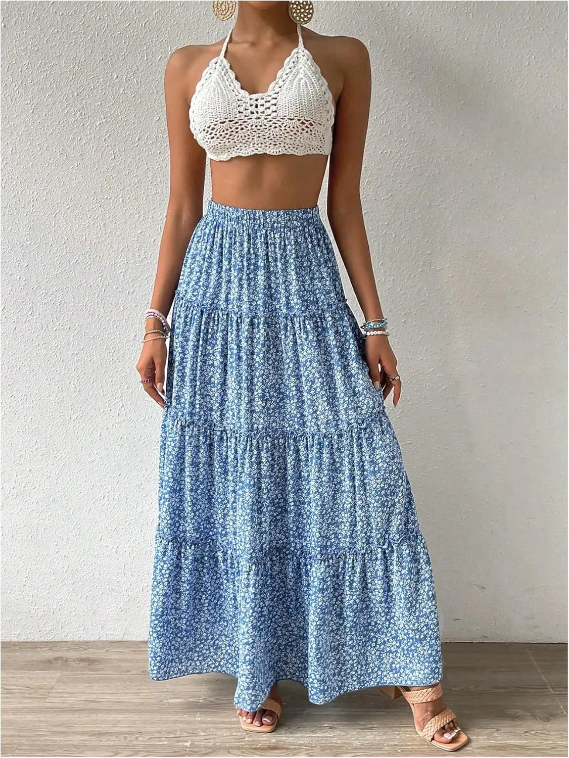 Verdusa Women's Boho Floral Tiered Maxi Skirts A Line High Rise Flowy Skirt