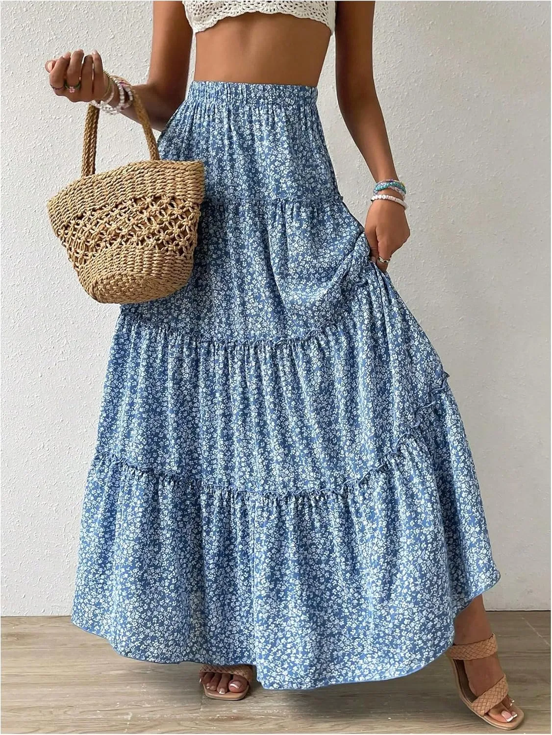 Verdusa Women's Boho Floral Tiered Maxi Skirts A Line High Rise Flowy Skirt