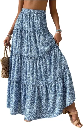 Verdusa Women's Boho Floral Tiered Maxi Skirts A Line High Rise Flowy Skirt
