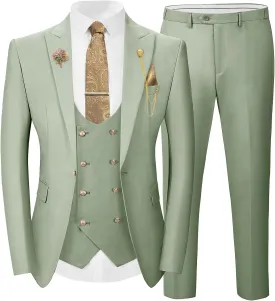 Wangyue 3 Pieces Suits for Men Slim Fit Gold Button Double Breasted Suit Tuxedos Wedding Prom Suit Blazer Vest Pants Set