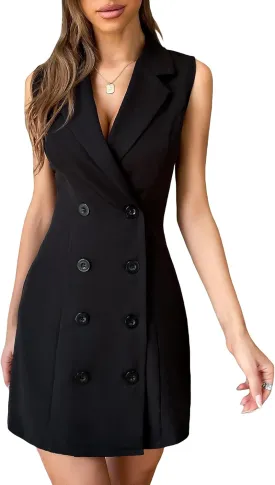 WDIRARA Women's Sleeveless Collared Double Breasted Blazer Dress Work Office Dresses