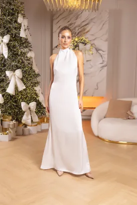 White Satin Tie-Neck Halter Maxi Dress