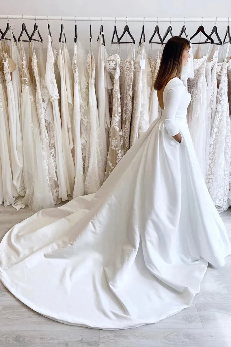 White Vintage A-Line Long Satin Bateau-Neck Backless Wedding Dress