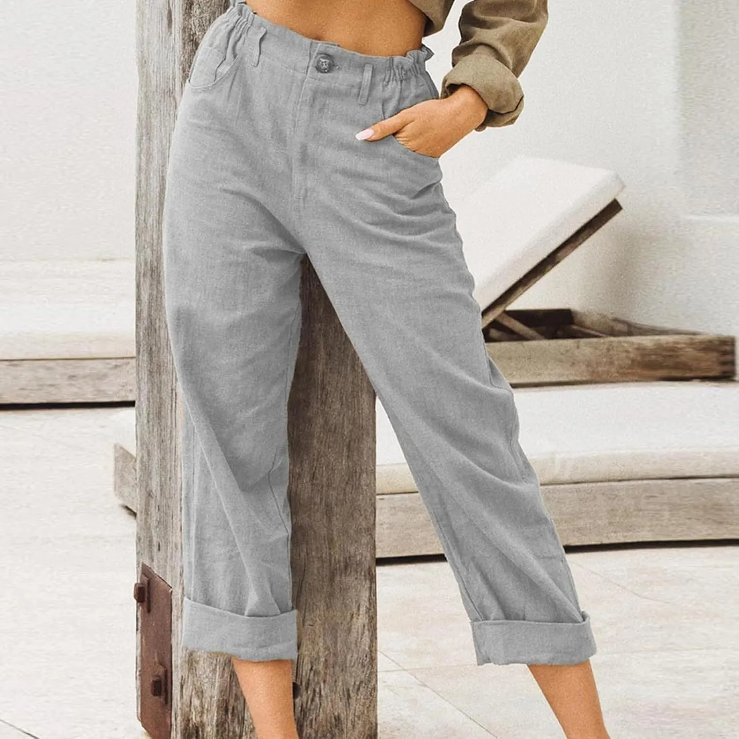 Women Linen Pants Summer Casual Capri Pants with Pockets Elastic Waist Wide Leg Cropped Pants Boho Beach Palazzo Pants