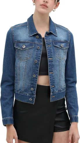 Women's Casual Vintage Distressed Cropped Long Sleeve Denim Jean Jacket 8776JS Blue L