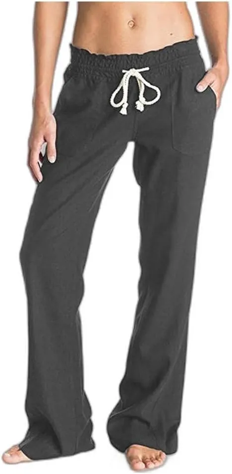 Women's Cotton Linen Pants Solid Color Lace-Up Soft Loose Casual Vacation Lightweight Wide-Leg Pants Walk Jogger Pant