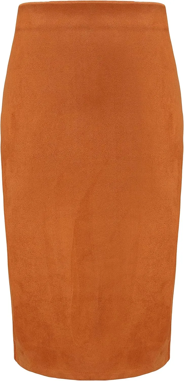Women's Faux Suede Back Split Hip Packaged Skirt Midi Pencil Skirt