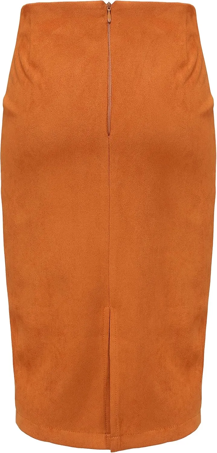 Women's Faux Suede Back Split Hip Packaged Skirt Midi Pencil Skirt