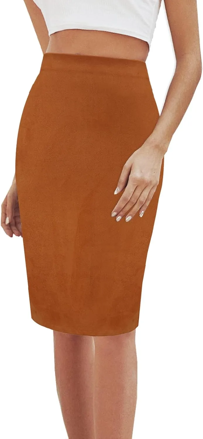 Women's Faux Suede Back Split Hip Packaged Skirt Midi Pencil Skirt