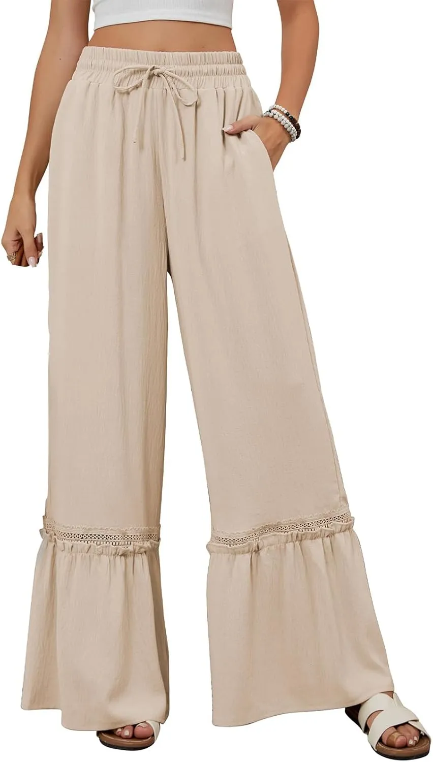 Womens Pants Loose Fit Trousers High Waist Pant Tiered Ruffle Flowy Swing Pants Summer Beach Trousers 2025
