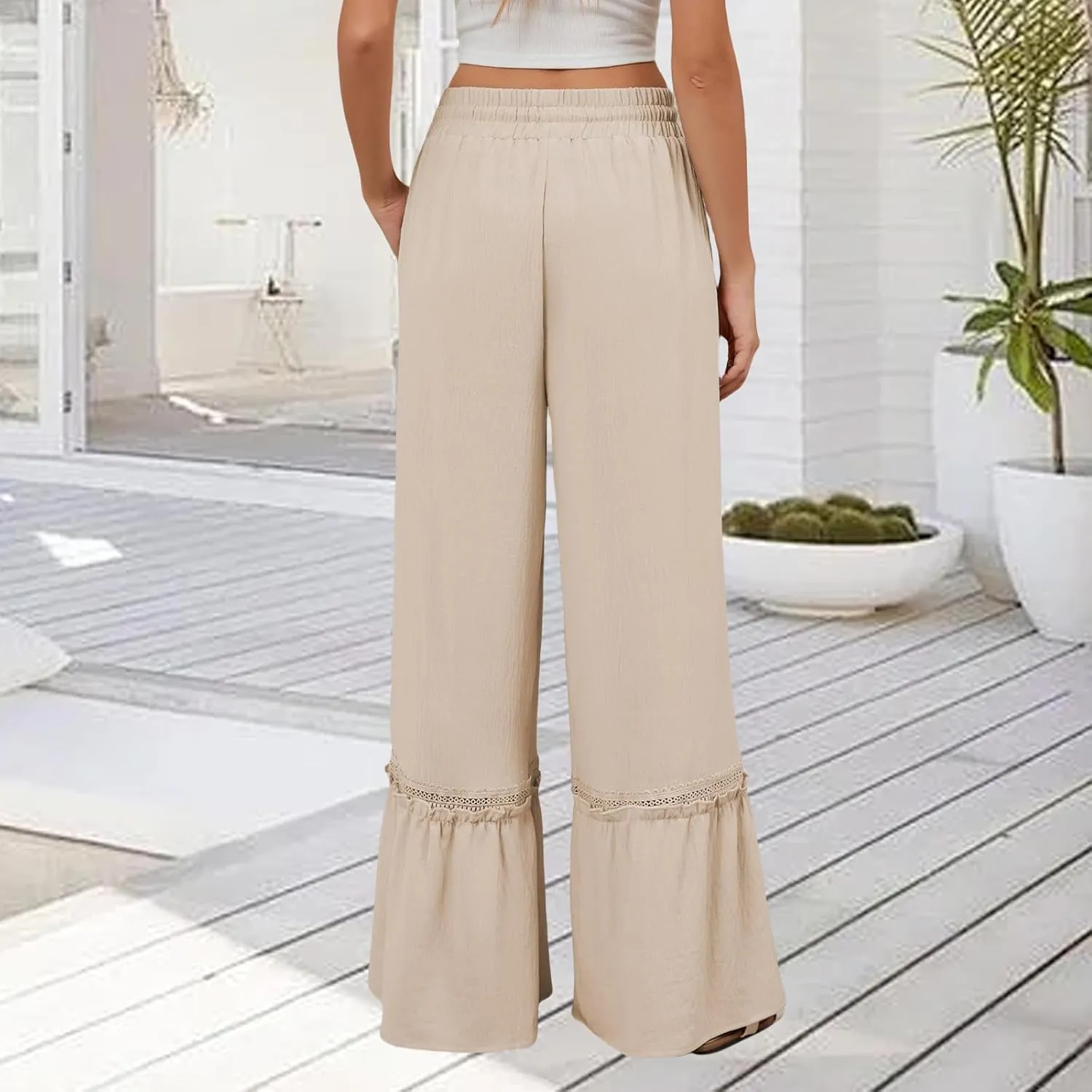 Womens Pants Loose Fit Trousers High Waist Pant Tiered Ruffle Flowy Swing Pants Summer Beach Trousers 2025