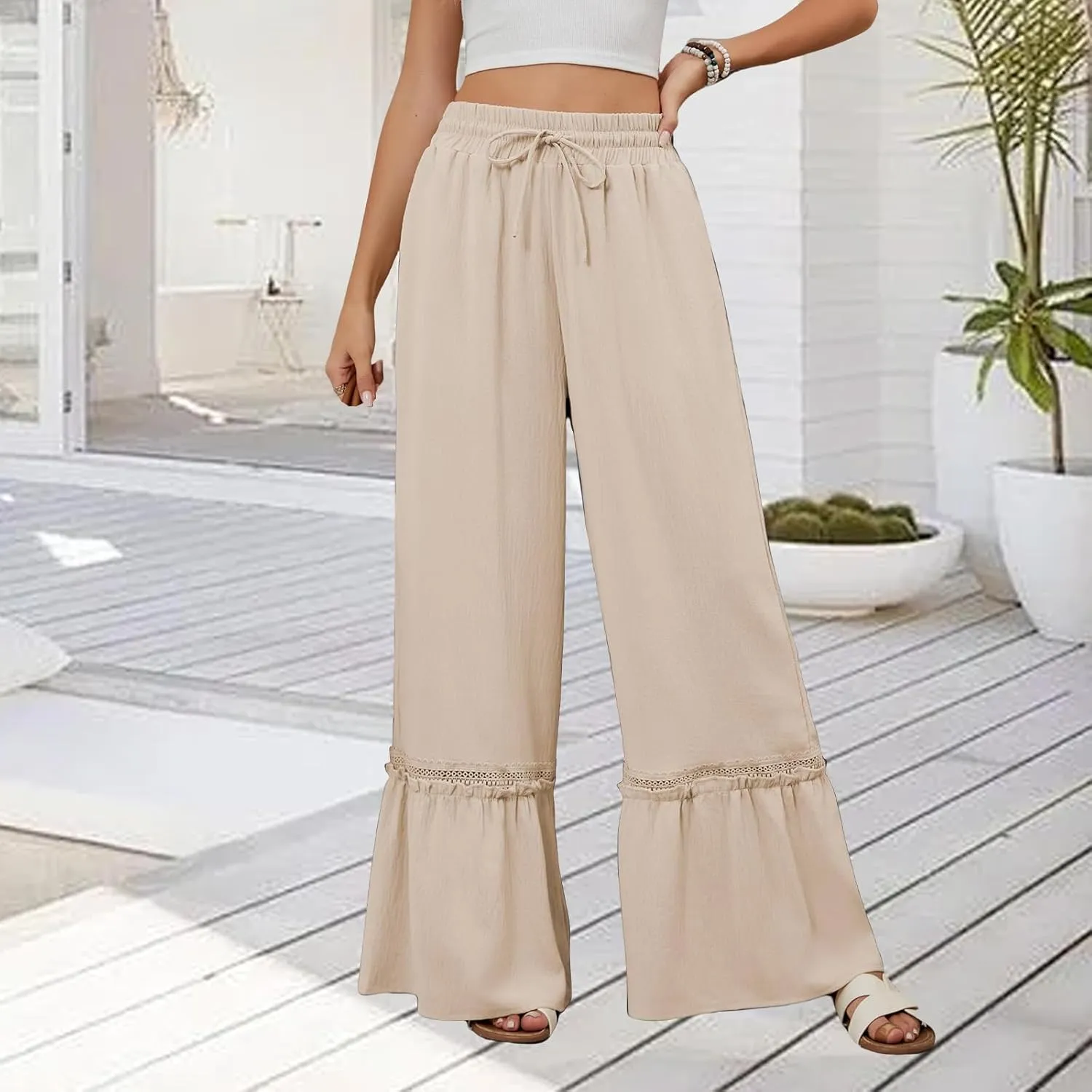 Womens Pants Loose Fit Trousers High Waist Pant Tiered Ruffle Flowy Swing Pants Summer Beach Trousers 2025