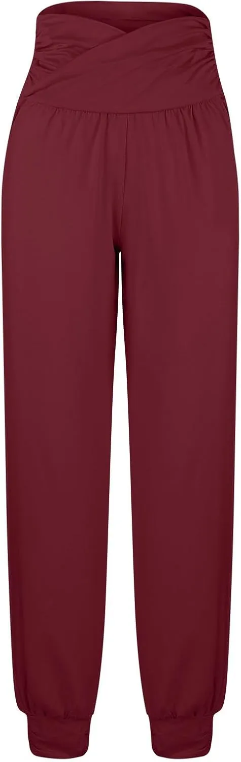Women's Solid Color Jogger Pants Lightweight Elastic Waisted Pleated Pants with Pocket Running Casual Outdoor Pants