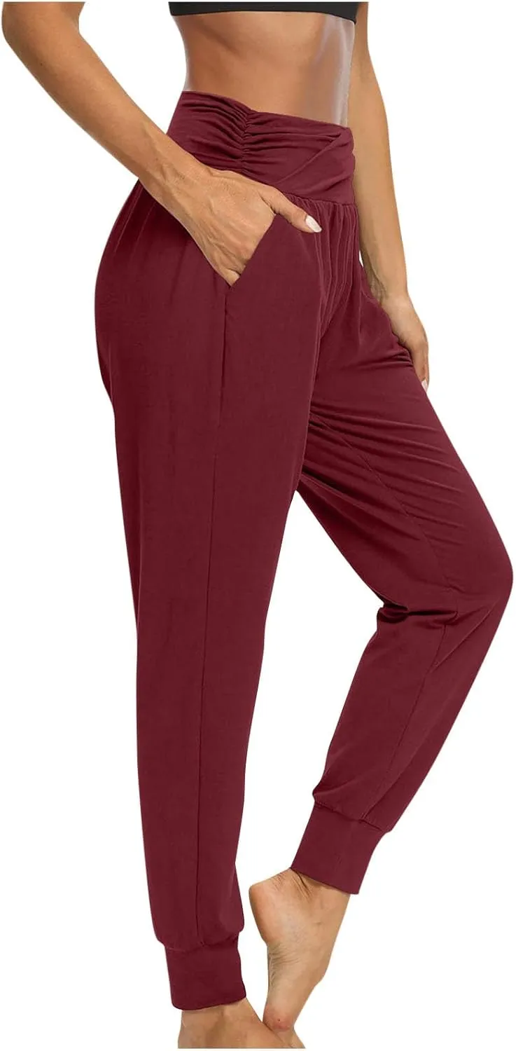 Women's Solid Color Jogger Pants Lightweight Elastic Waisted Pleated Pants with Pocket Running Casual Outdoor Pants