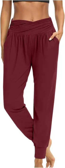 Women's Solid Color Jogger Pants Lightweight Elastic Waisted Pleated Pants with Pocket Running Casual Outdoor Pants