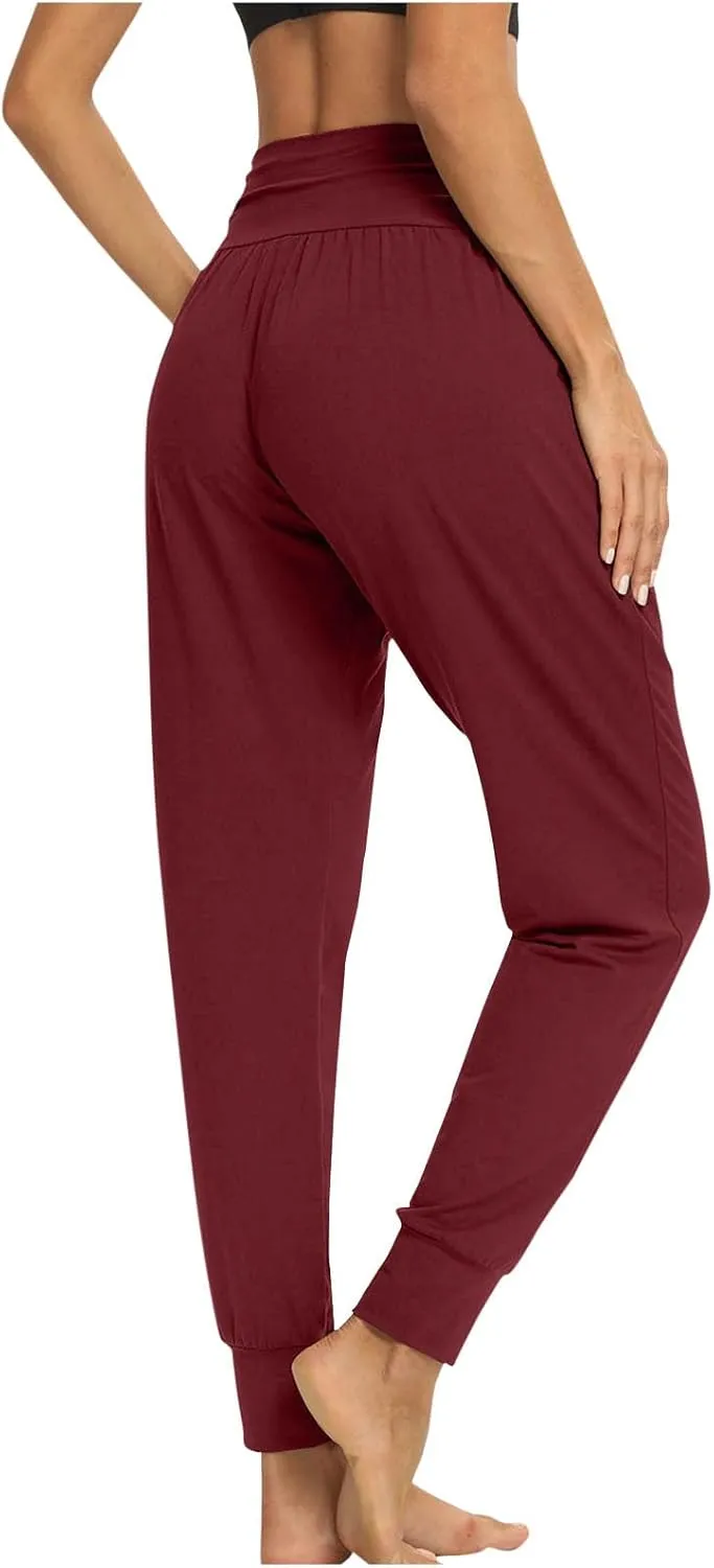 Women's Solid Color Jogger Pants Lightweight Elastic Waisted Pleated Pants with Pocket Running Casual Outdoor Pants