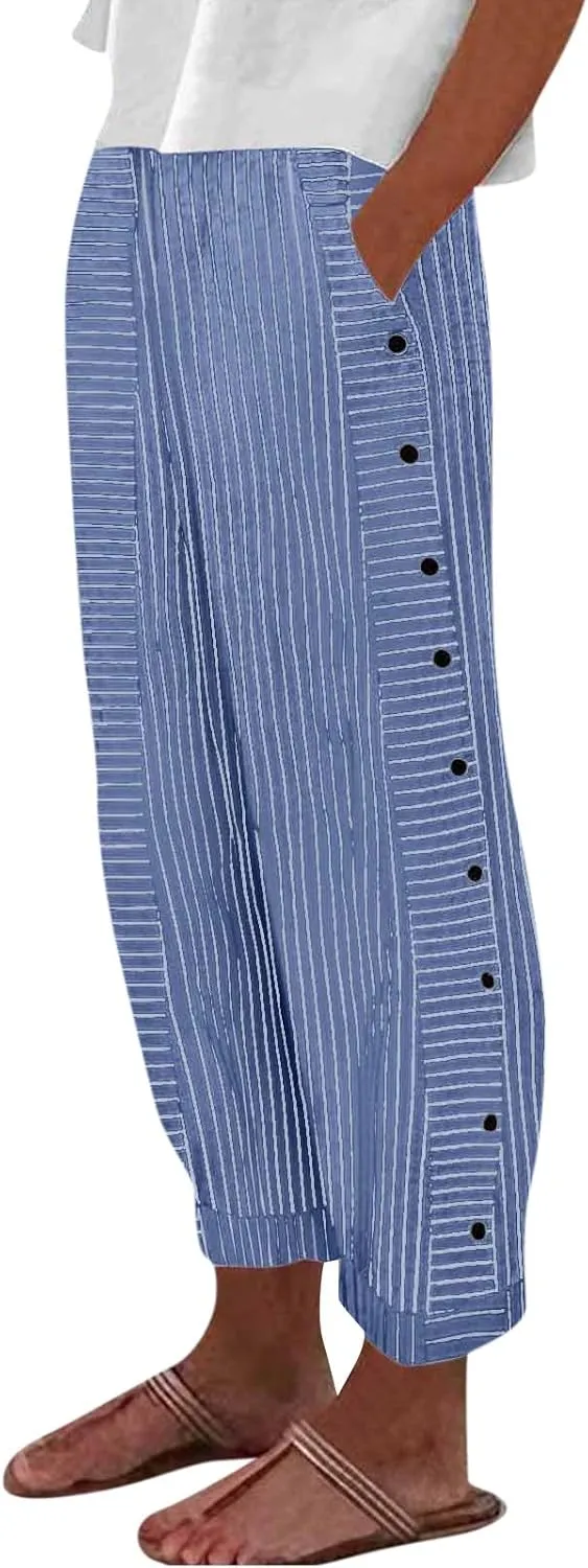 Women's Striped Printed Side Button Loose Elastic Waist Comfortable Pockets Dressy Casual Fashion