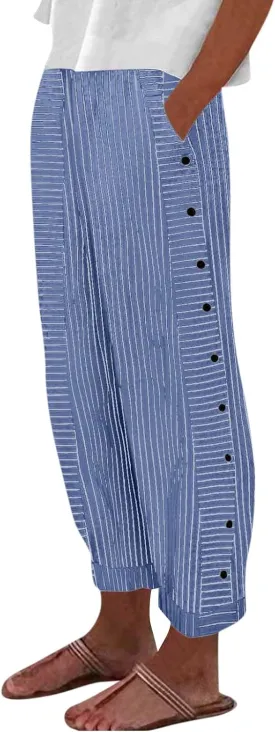 Women's Striped Printed Side Button Loose Elastic Waist Comfortable Pockets Dressy Casual Fashion