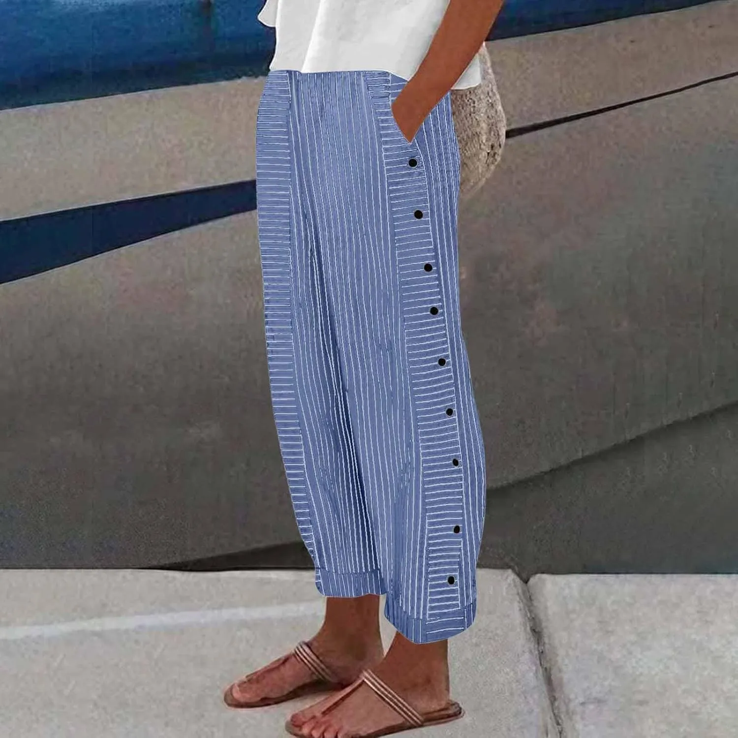 Women's Striped Printed Side Button Loose Elastic Waist Comfortable Pockets Dressy Casual Fashion