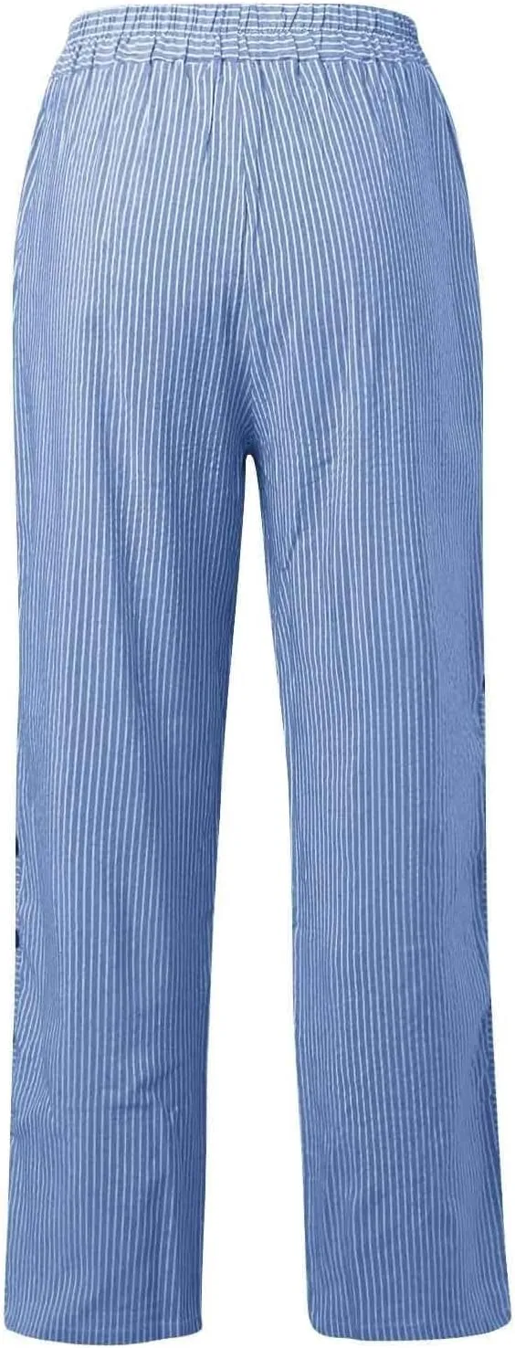 Women's Striped Printed Side Button Loose Elastic Waist Comfortable Pockets Dressy Casual Fashion
